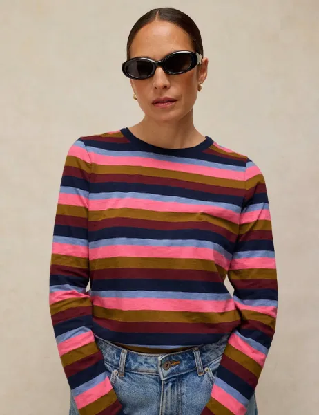 White Stuff Pure Cotton Striped Crew Neck Top Pink Mix