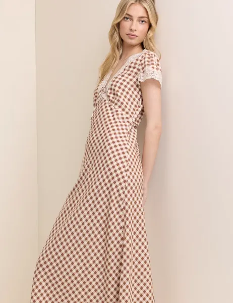 Nobody's Child Checked V-Neck Lace Insert Midi Tea Dress Brown