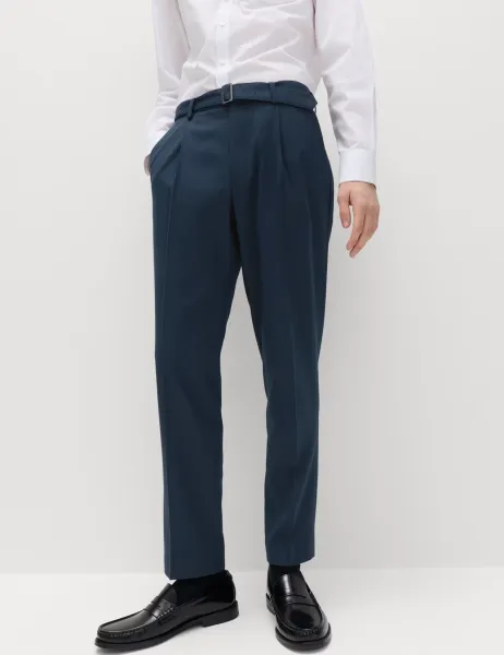 Marks & Spencer Tapered Fit Self Belt Twill Trousers Navy