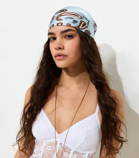 Blue Paisley Print Satin Scarf