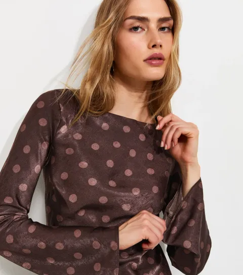 Women's Brown Satin Long Sleeve Spot Mini Dress