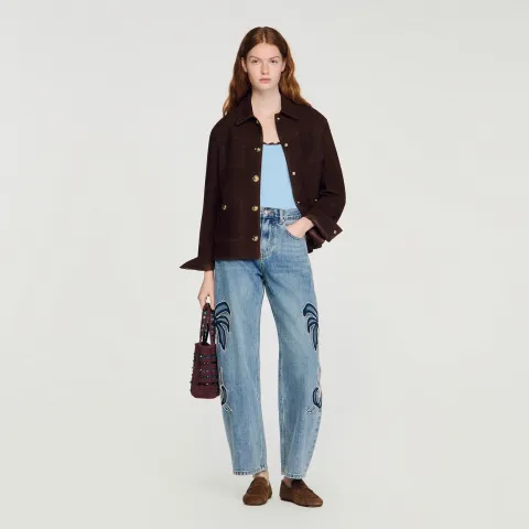 Palm-embroidered wide barrel jeans