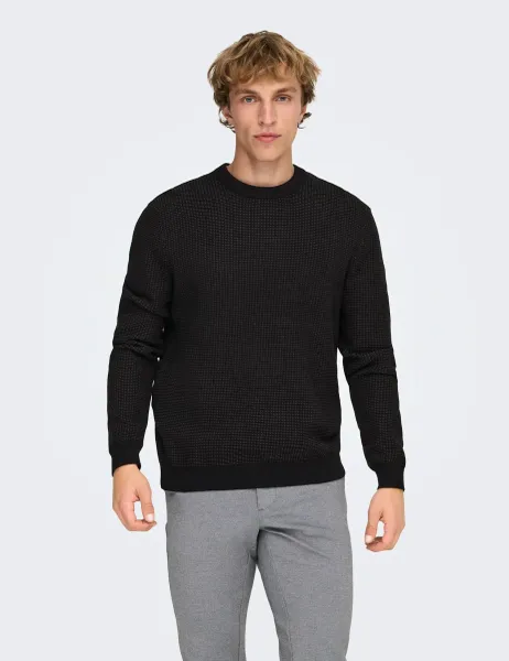 Only & Sons Pure Cotton Textured Crew Neck Jumper Black Mix