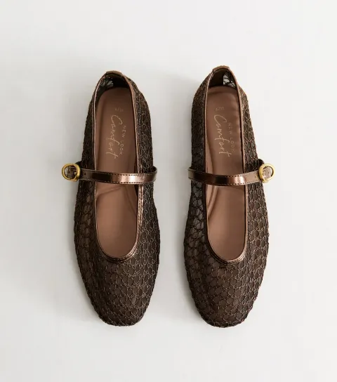 New Look Women's Bronze Buckle Strap Mesh Mary Jane Flats Vegan