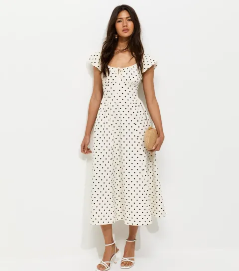 Women's Cream Polka Dot Milkmaid Midi Dress