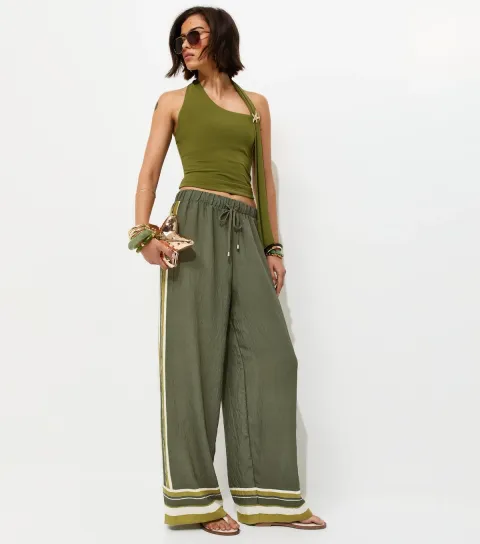 Women's Green Striped Trim Wide Leg Trousers