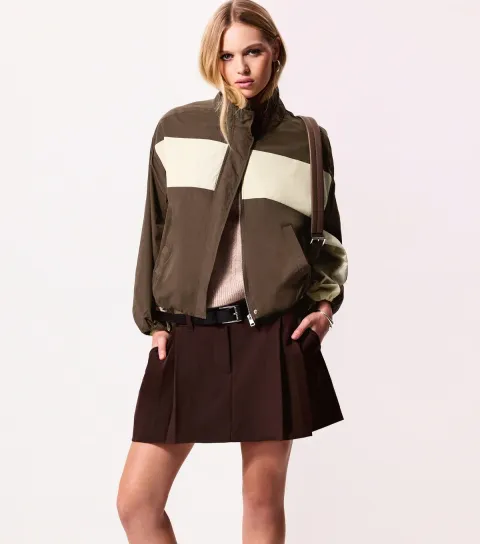 Women's Brown Colour Block Bubbles Hem Zip Windbreaker Jacket