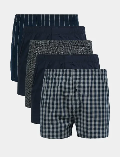 Marks & Spencer 5 Pack Pure Cotton Assorted Woven Boxers Dark Navy