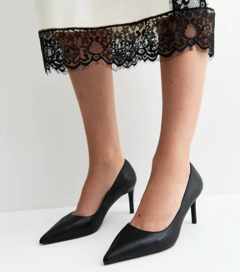 Women's Premium Black Leather Pointed Toe Court Shoes