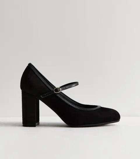 Women's Wide Fit Black Faux Suede Block Heel Mary Janes