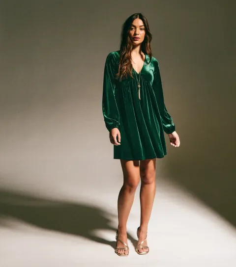 Women's Dark Green Velvet Smock Mini Dress