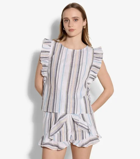 Women's Cream Striped Ruffled Cap Sleeve Top