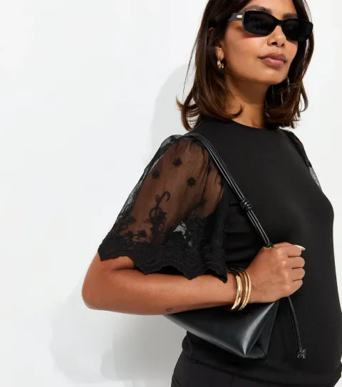 Women's Maternity Black Soft Touch Lace Sleeve Top