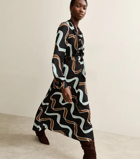 Women's Tall Black Ribbon Print Long Sleeve Midi Dress