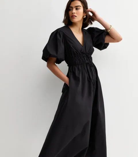Women's Black Cotton Puff Sleeve Midi Dress