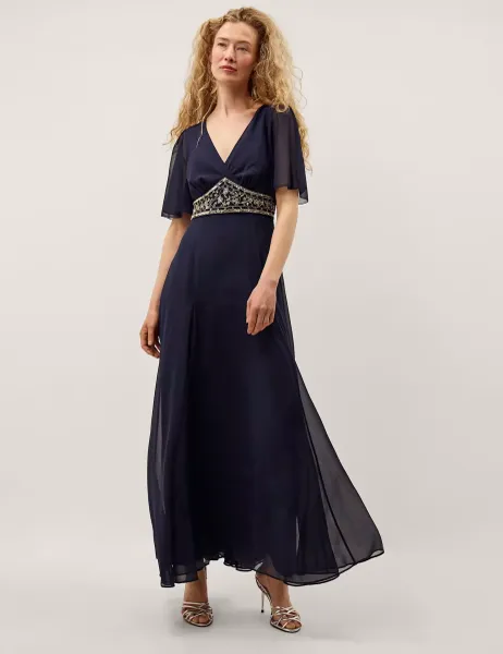 Monsoon Embellished V-Neck Maxi Skater Dress Navy Mix