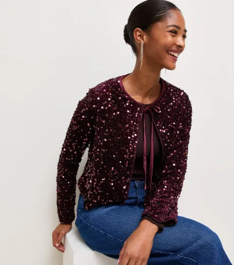 Women's Dark Burgundy Sequin Front Tie Jacket