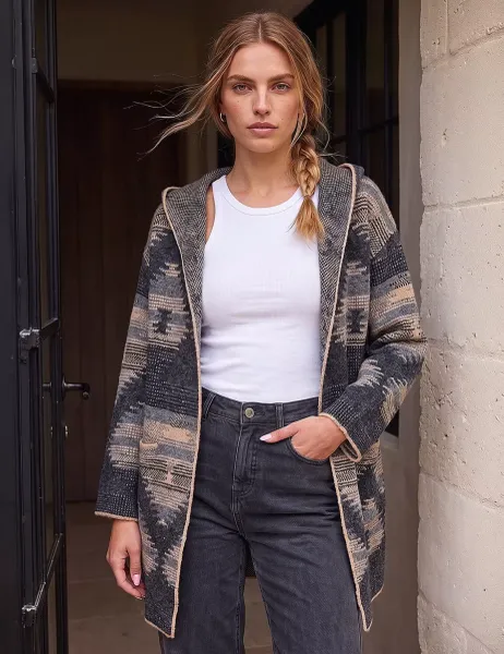 Roman Jacquard Hooded Cardigan Brown Mix