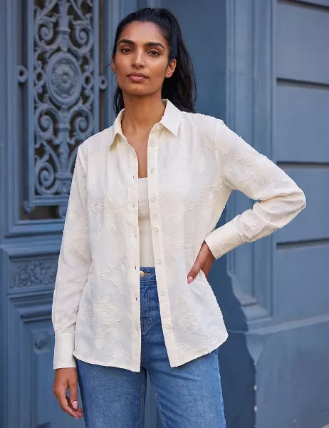 Roman Floral Textured Collared Shirt Cream