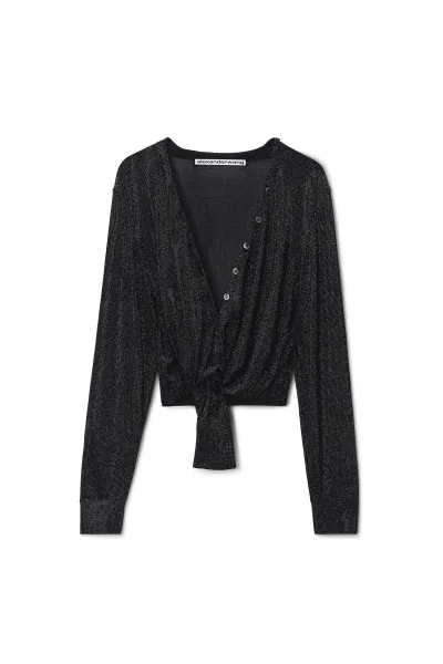 CRYSTAL HOTFIX KNOTTED DEEP V-NECK CARDIGAN