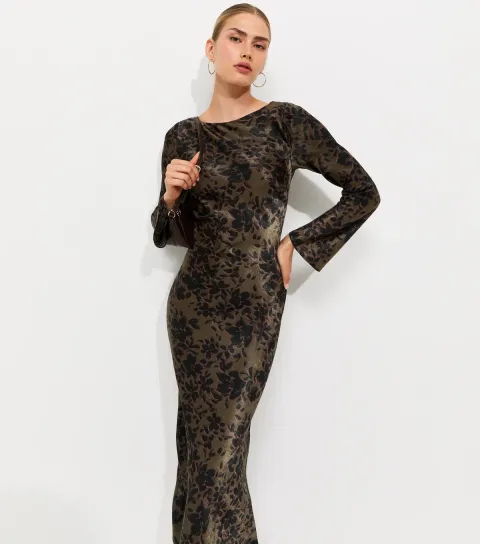 Women's Green Long Sleeve Floral Midi Dress