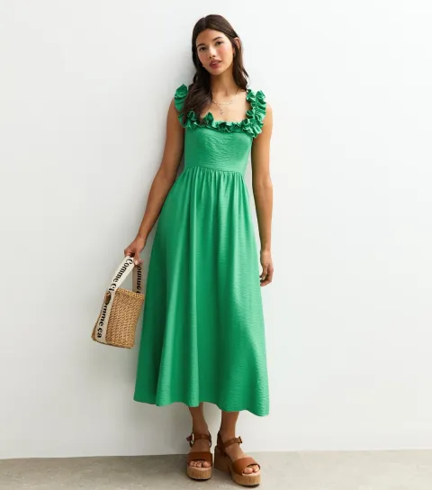 Women's Green Square Neck Ruffled Bow Tie Back Midi Dress