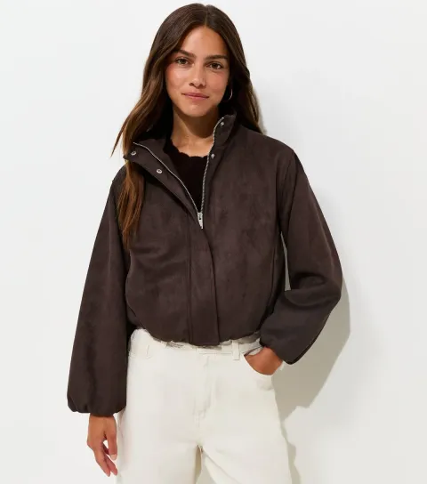 Women's Petite Dark Brown Faux Suede Bubble Hem Jacket