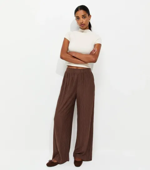 Women's Dark Brown Crinkled Jersey Wide Leg Trousers