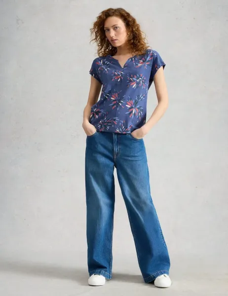 White Stuff Pure Cotton Floral Print T-Shirt Navy Mix
