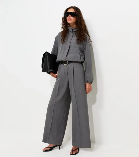 Women's Dark Grey Pleated Tailored Wide Leg Trousers