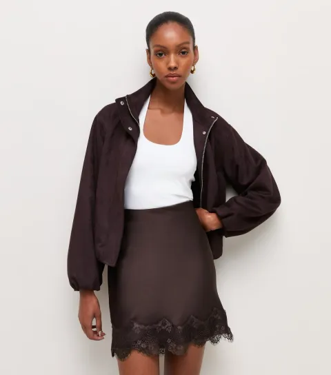 New Look Women's Dark Brown Satin Lace Scallop Trim Mini Skirt