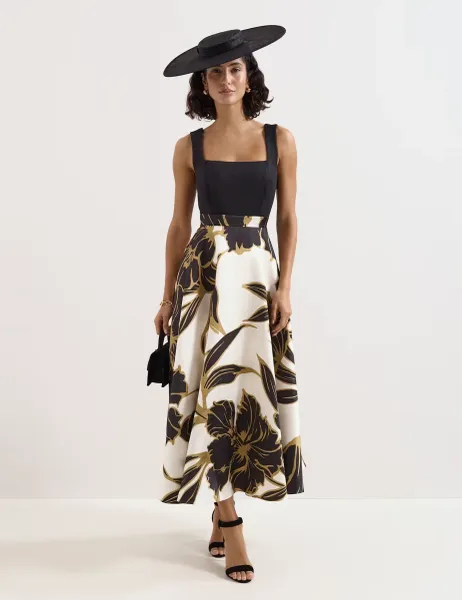 Phase Eight Satin Floral Square Neck Midi Skater Dress