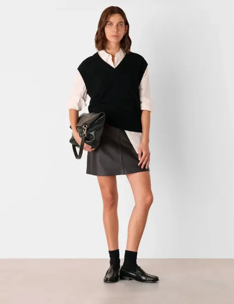 Whistles Leather Mini A-Line Skirt Black
