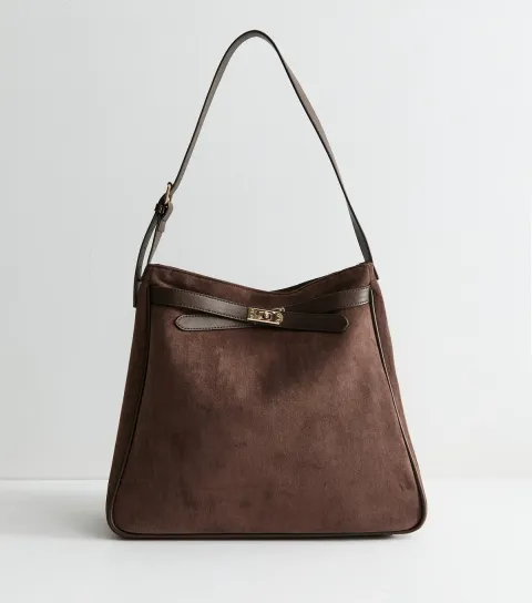 New Look Dark Brown Faux Suede Buckle Hobo Shoulder Bag
