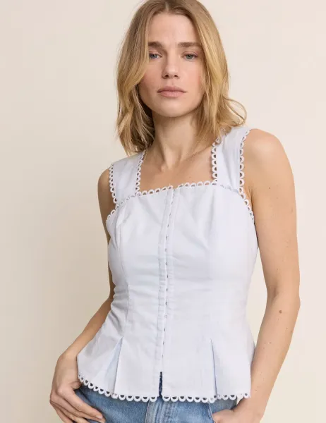 Nobody's Child Cotton Rich Peplum Top With Linen Blue