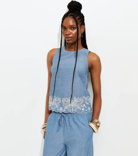 Women's Tall Blue Embroidered Scalloped Hem Top