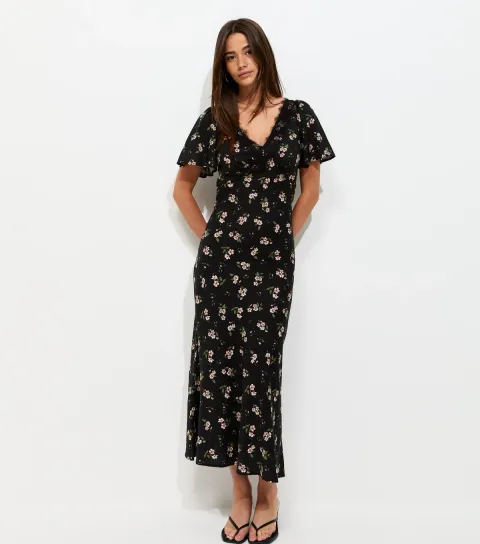 Women's Black Floral Flutter Sleeve Midi Dress