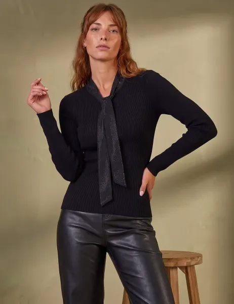 Roman Embellished Tie Knit Top Black