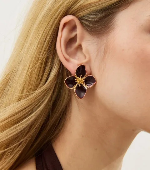 Gold Tone Dark Burgundy Enamel Flower Stud Earrings