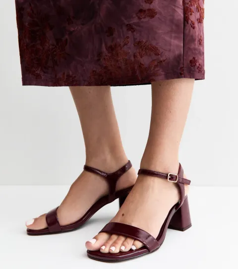 New Look Women's Wide Fit Dark Burgundy Patent Faux Leather Sandals Vegan
