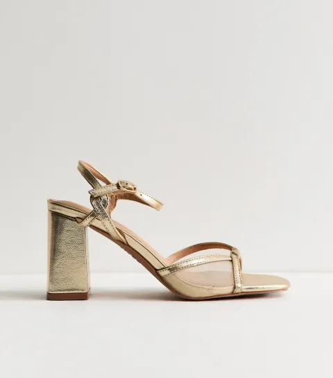 Women's Gold Faux Leather Twist Strap Block Heel Sandals Vegan