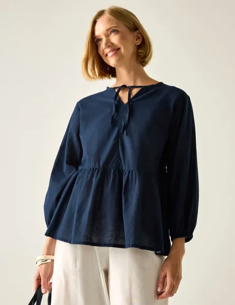 Regatta Primden Cotton Rich Tie Neck Blouse With Linen Navy