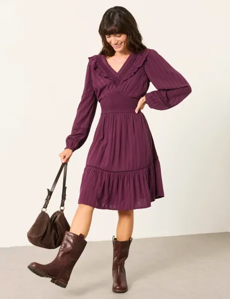 FatFace Jacquard V-Neck Mini Tiered Dress Purple