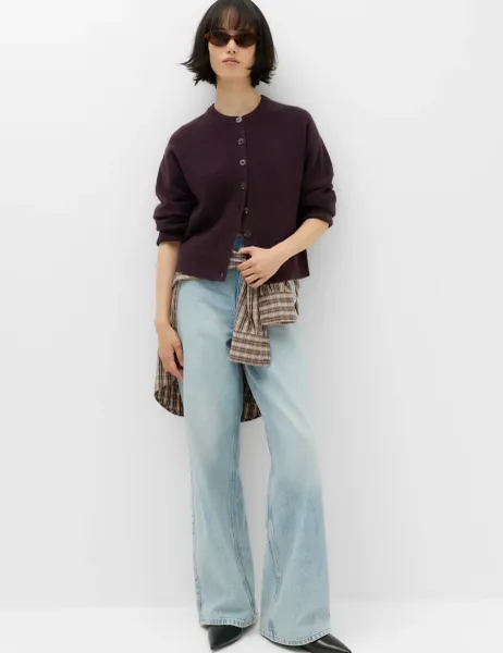 Marks & Spencer Crew Neck Cardigan With Wool Dark Aubergine