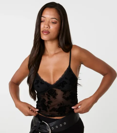 Women's Black Floral Flocked Cami Vest Top
