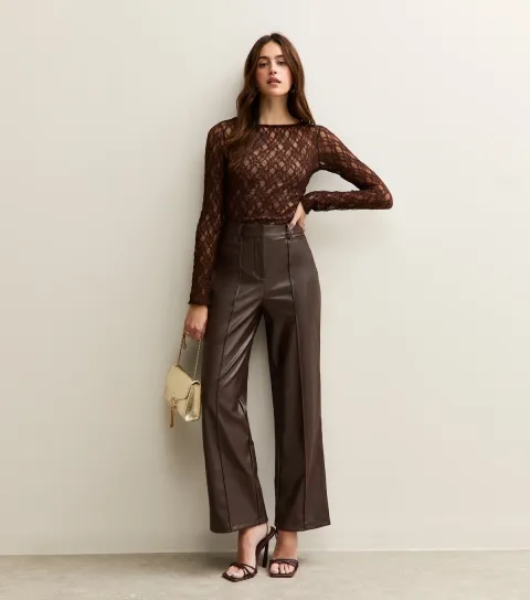New Look Women's Dark Brown Faux Leather Wide Leg Trousers
