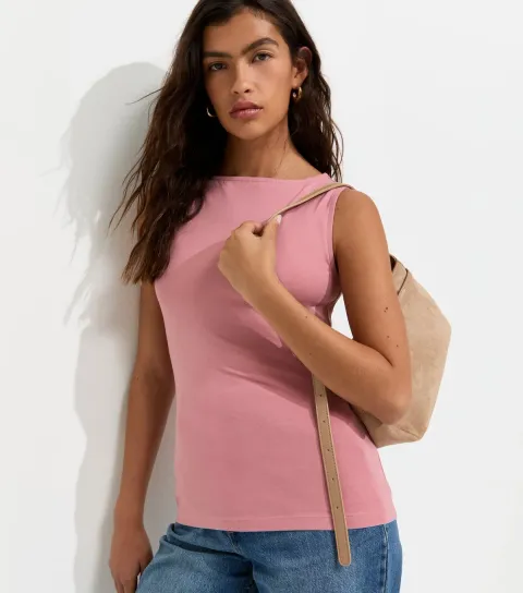 Women's Pink Cotton Rich Slash Neck Vest Top