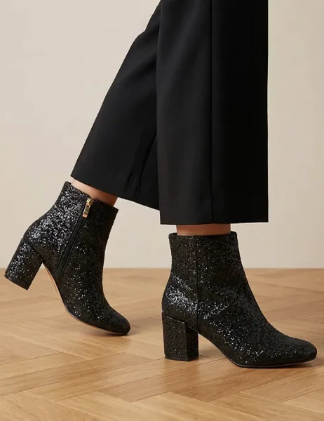 Leather Block Heel Ankle Boots Black