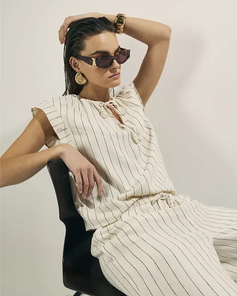 River Island Linen Blend Striped Tie Neck Top