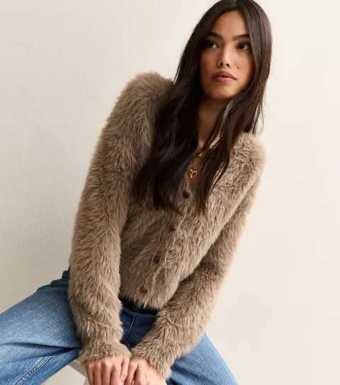 Women's Camel Super Fluffy Button Up Cardigan